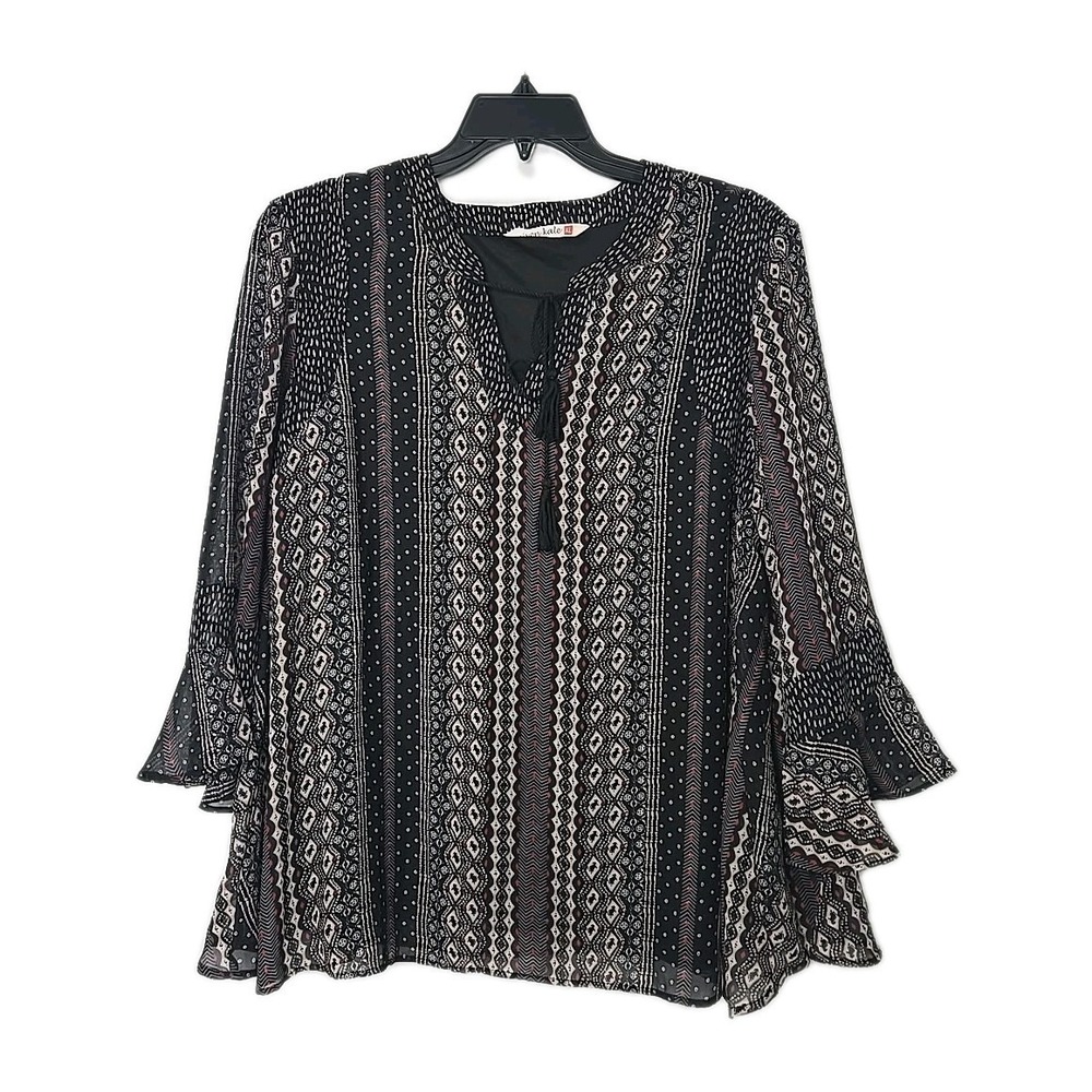 Given Kale Black Aztec Print 3/4 Length Bell Sleeve Lined Tunic Top Size XL